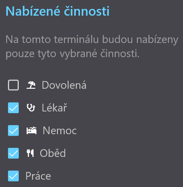 Nastavitelné činnosti pro každý terminál